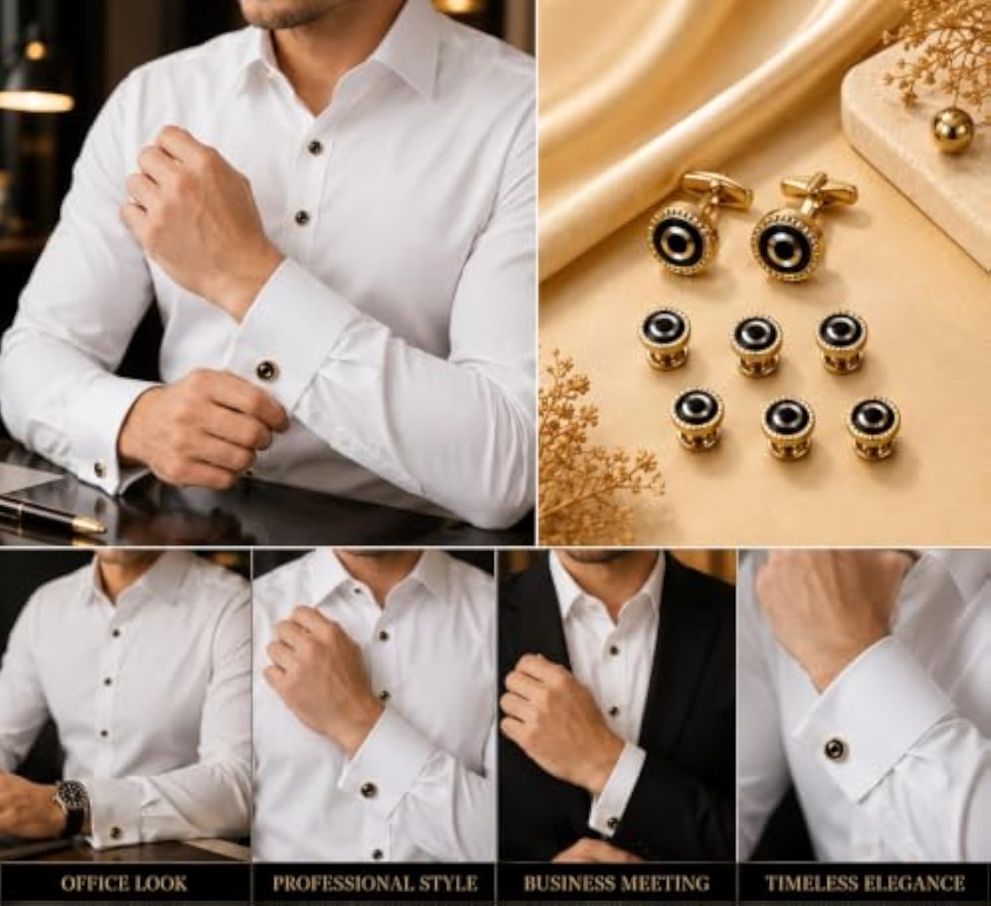 Men's Cufflinks and Shirt Studs Set, Gold Tone, Black Stone