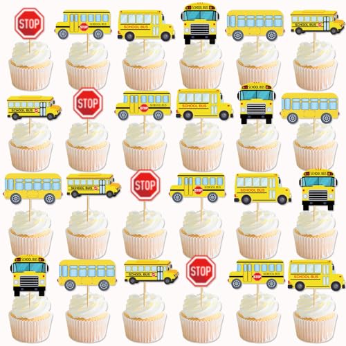 24 Pcs School Bus Cupcake Toppers School Bus Cake Decorations Sch...