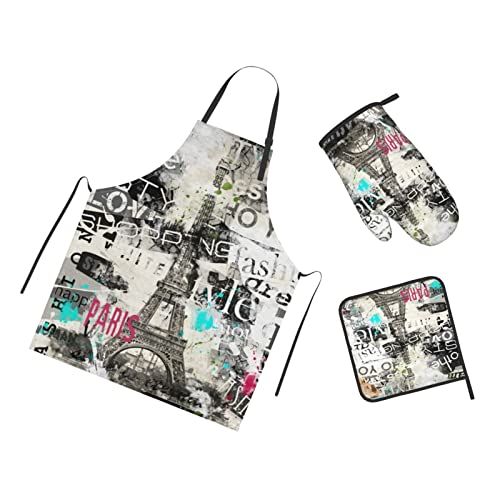 Oplp Eiffel Tower Vintage Illustration 3 Piece Kitchen Gift Set Waterproof Apron with Oven Mitt and Pot Holder Cooking Adjustable Apron Microwave Glove Potholder Oplp Eiffel Tower Vintage Illustration 3 Piece Kitchen Gift Set Waterproof Apron with Oven Mitt and Pot Holder Cooking Adjustable Apron Microwave Glove Potholder