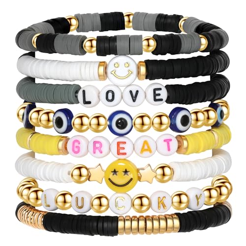 Image of Preppy Bracelets Set Colorful White Gold Smile Heart Star Polymer Beaded Pearl Clay Stackable Charm Y2K Kidcore Aesthetic Summer Beach Bohemian Stretch Layering Bracelets Jewelry for Girls Women Teens
