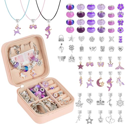 AUAUY Kit para Hacer Pulseras Niñas, 66PCS Púrpura Hacer Pulseras NiñAs con Caja, Regalo NiñA 5 6 7 8 9 10 11 12 AñOs Abalorios para Hacer Pulseras, Manualidades Juguetes NiñA 7 8 AñOs para Navidad