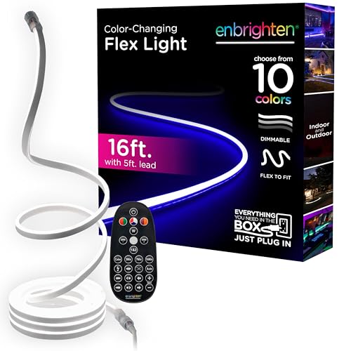 Enbrighten Neon Rope Light, 16ft RGB Flexible LED Rope Light, Color Changing, Fully Customizable Color, Dimmable, Indoor Gaming and Streaming, Outdoor Landscape, Remote Control, 79730