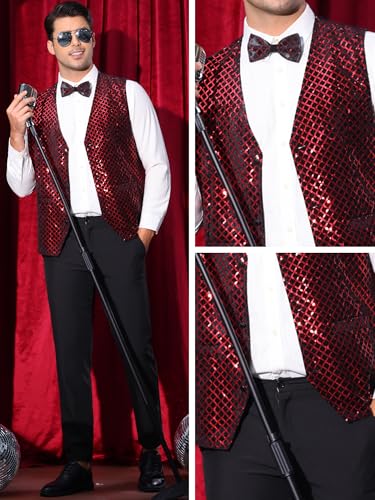 Lars Amadeus Argyle Sequin Vest for Men's V-Neck Party Nightclub Shiny Sleeveless Suit Metallic Waistcoat3