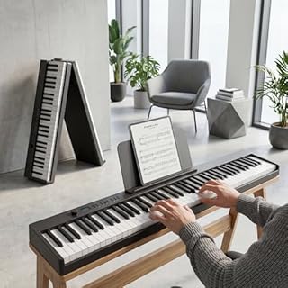 Carina Piano Keyboard, 88 Keys Full Size Semi Weighted Foldable Piano, Portable Electronic Keyboard Piano with Light Up Keys, Sustain Pedal, Keyboard Stickers, Music Stand and Piano Bag, Black