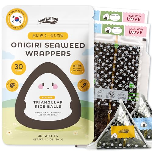 Snackathon Onigiri Seaweed Wrappers (30 Sheets) Made in Korea Premium Roasted Nori for Triangle Onigiri Rice Balls & Gimbap Includes Cute Sealing Stickers