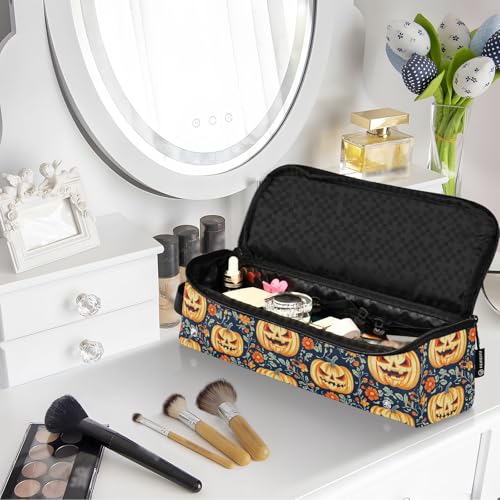 Bolsa de viaje y tapete resistente al calor para herramientas de cabello como planchas y rizadores, diseño cute Jack-o'-Lantern y mármol, portátil y organizador miniatura 7