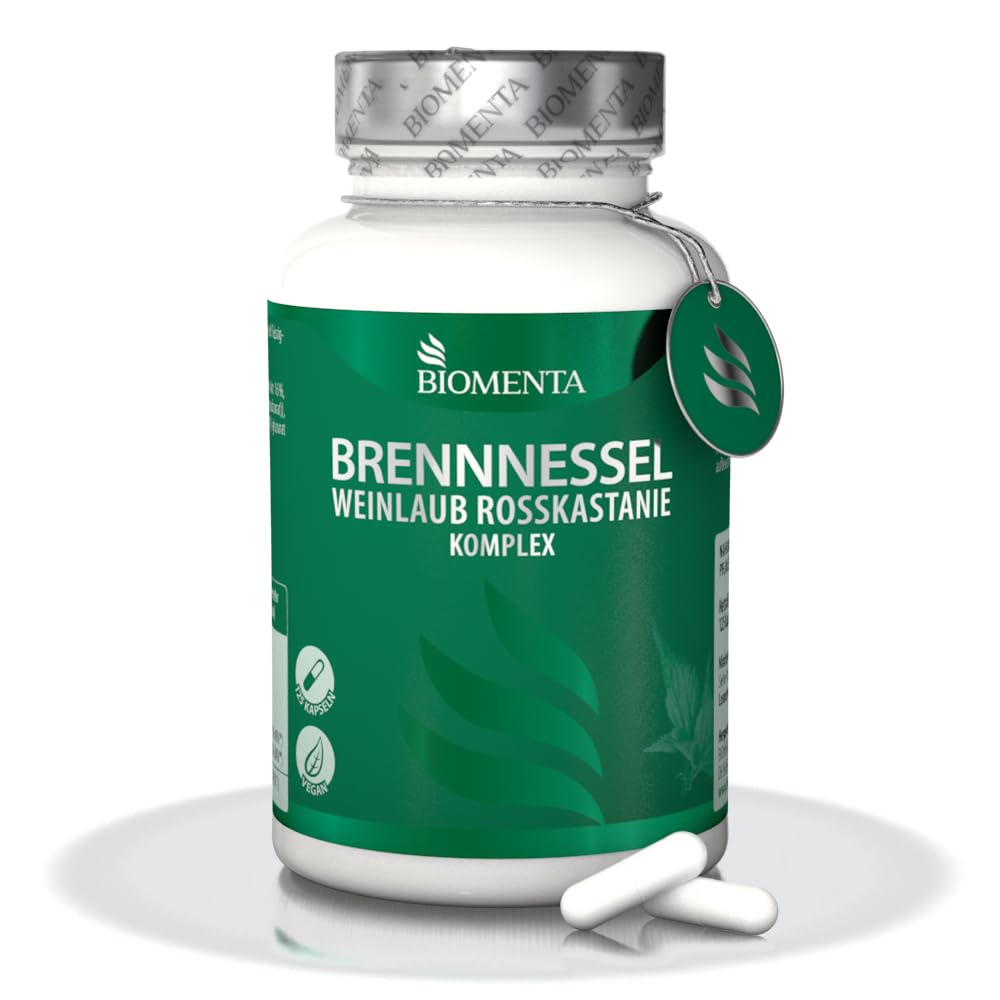 BIOMENTA Brennnessel + Weinlaub + Rosskastanie Komplex hochdosiert - 125 Kapseln synergetisch ergänzt mit Birkenblatt, Kupfer und Mangan - vegan - Premiumqualität
