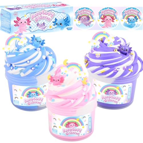 3 Pack Axolotl Slime Kit Pink Blue Purple Dual Colors Butter Slime with Axolotl Charms Party Favors for Girls and Boys Ages 8-12 Soft & Non-Sticky Birthday Gift Goodie Bag Stuffers
