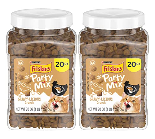 Purina Friskies Party Mix Cat Treats, Gravy-Licious Crunch with Chicken & Gravy Flavors, Crunchy Texture Helps Clean Teeth, 20 OZ Canister (Pack of 2)