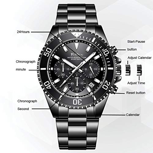 Image of Mens Watches Chronograph Black Stainless Steel Waterproof Date Analog Quartz Watch Business Wrist Watches for Men