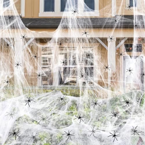 Augesak Decoração de teia de Halloween de 200 g, teias de aranha para exteriores com 50 aranhas pretas ealista, teia de aranha decoração para festas de terror de Halloween, mesas e jardins