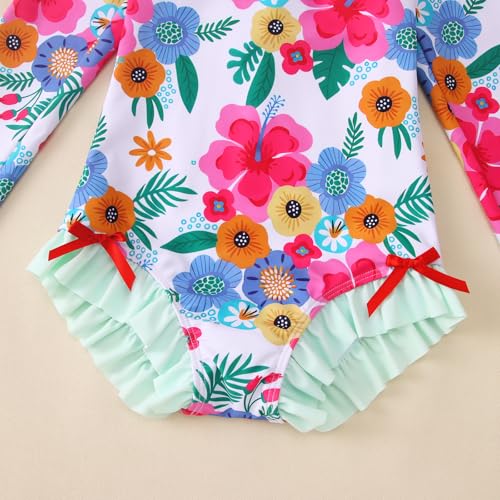 Image of IZYJOY Girl Long Sleeve Swimsuits Ruffle One Piece Rash Guard Bathing Suits Kids Floral UPF 50+ Zipper Swimwear 7-12Y