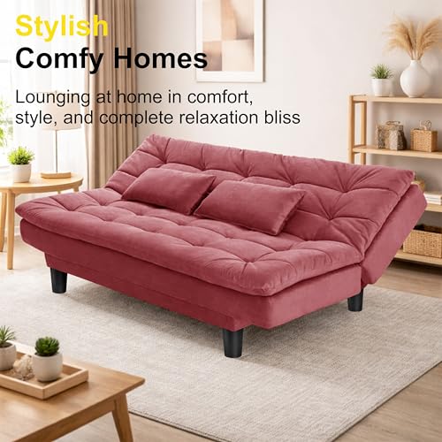 Image of Modern 3 Seater Sofa Cum Bed with Cushions, Foldable Convertible Couch, Velvet Fabric Sleeper Sofa for Living Room, Guest Room, Rose Pink