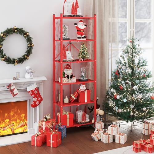 Image of ALANNG 73.6 Inch Folding Bookshelf, 6 Tier Metal Bookcase and Bookshelves | Tall Shelves for Living Room Office Bedroom, Heavy Duty Book Shelve Free Standing Open (Red, 3PACK)