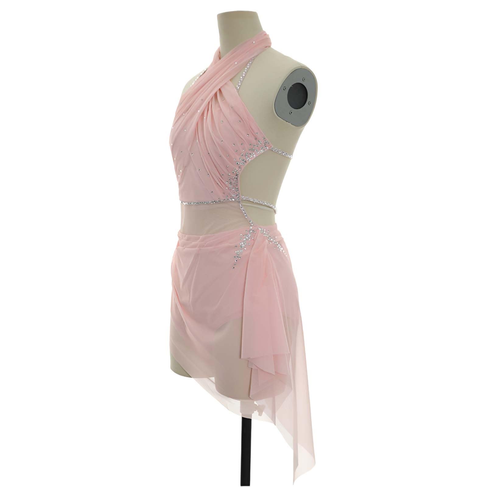 Strój do Tańca Lirycznego Damski Halter Krzyżowany z Odkrytymi Plecami | Strój do Tańca Nowoczesnego, Elastyczny Spandex z Siatką i Kryształkami, Drapowany Halter z Asymetryczną Spódnicą