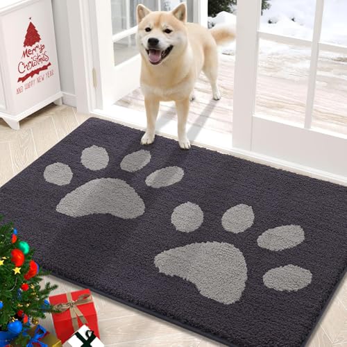 Buganda Dog Door Mat for Muddy Paws, Absorbent Dirt Trapper Washable Indoor Door Mat, Non Slip Low-Profile Mud Mat for Dogs, Front Entrance Door Mat for Inside Floor (30x20 Inches, Dark Grey)