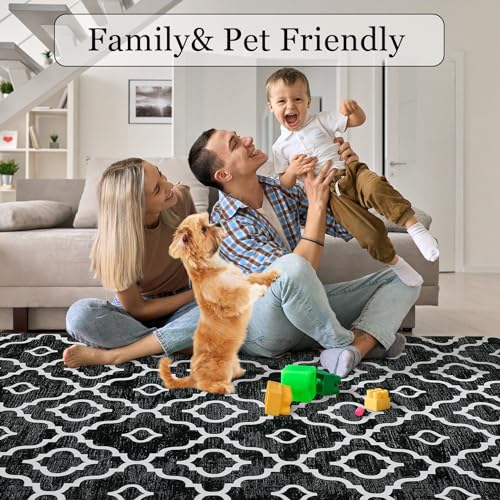 GlowSol Area Rug 5x7 Washable Rug Large Modern Trellis Rug Geometric Neutral Soft Black Rug for Living Room Bedroom Dining Room Non Slip Stain-Resistant Carpet for Home Decor