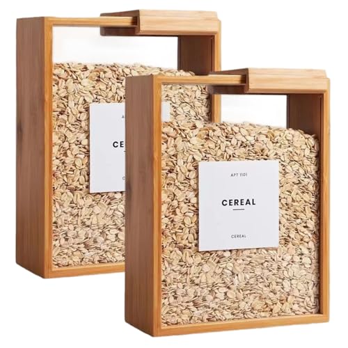 2Pcs Cereal Containers Storage, 9.1x6.8x3.2 Inch Bamboo Rice Dispenser with Removable Lids, Clear Flour Storage Containers for Kicthen
