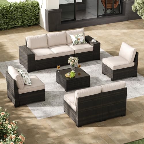 Jing's Villa 8-Piece Patio Furniture Set, All-Weather Outdoor Wicker Sectional Sofa with Cushions, Glass Table & Left and Right Armrest, Rattan Conversation Seating for Porch, Garden, Backyard,Beige