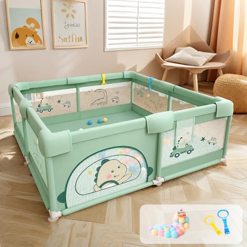 Image of Dawnwake Large Playpen 150 x 180 cm No Mat /Cushion for Toddlers & Kids up to 5 Years with Pit Balls and Anti-Fall Grasp Rings, Playard with Safety Lock (Non-Foldable, Green)