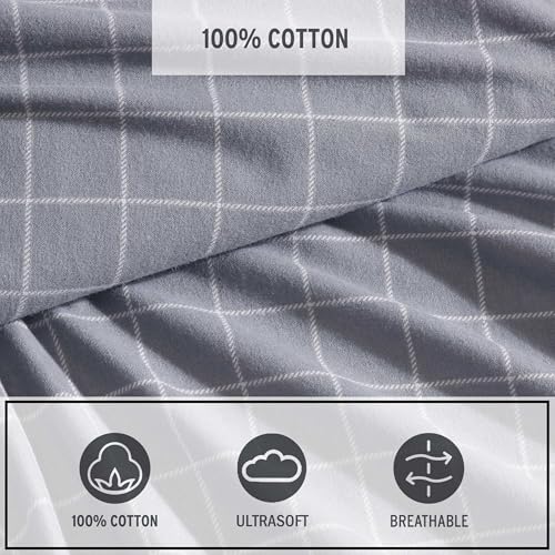 Image of Eddie Bauer - Queen Bed Sheets, Cotton Flannel Bedding Set with Matching Pillowcases, Brushed for Extra Softness, Deep Pocket, Oeko-Tex Certified (Great Plains Plaid Grey)