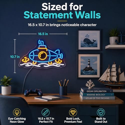 Image of Submarine Neon Sign, RGB Color Changing, 16.5 inch x 10.7 inchIN | LED Underwater Sub Light, USB Powered, Wall Decor, Gamer Room Aesthetic, Boys Bedroom & Man Cave