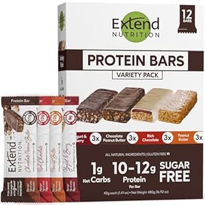 Extend Nutrition Sugar Free Protein Bars, High Protein Bars for Hunger Control & Steady Energy, Perfect Sugar Free Snacks for Diabetes, Low Carb, Keto Friendly, 4 Great Flavors Variety Pack, 12 Count