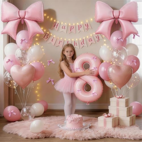 Image of 8th Birthday Decorations for Girl,Pink 8 Balloons for Party Decorations | 8 Year Old Birthday Decoration,Anniversary Party Decor,Pink White Balloons,Bow Print Balloons,Heart Balloons