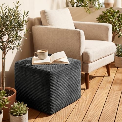 Image of 35.4 inch Corduroy Ottoman Foot Rest with Soft Memory Foam, Grey | Plush Pouf Compressed Footrest, Floor Foot Stool for Living Room, No Assembly Require