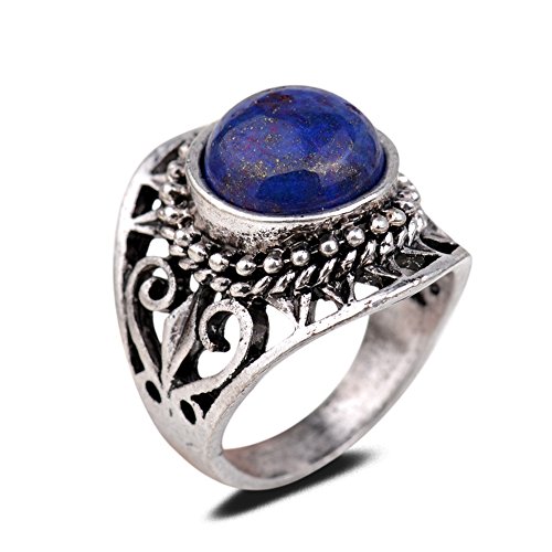 YAZILIND Vintage Antique Round Cut Blue Imitation Lapis Lazuli Retro Silver Plated Heart Hollow Ring Women