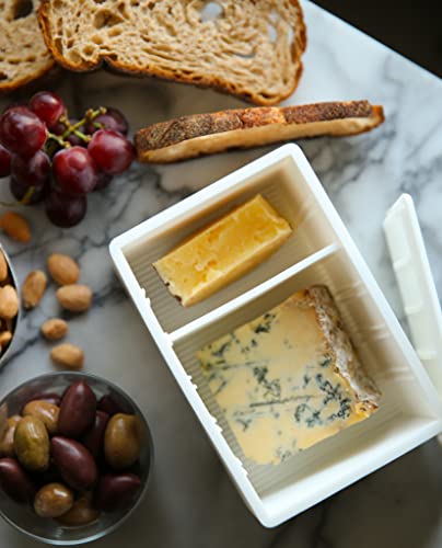 Capabunga Cheese Vault With Divider - Reusable Artisan Cheese Storage Container For Fridge - Food Grade Silicone Cheese Container 6X4X3.5” - Cheese Keeper For Refrigerator - White Cheese Holder #TOP2