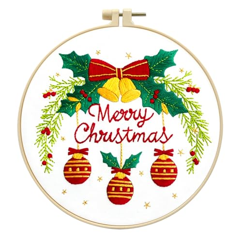 Image of Zhenqing Merry Christmas Embroidery Kit for Beginners, Red Bells and Ornaments Craft Set with 20cm Hoop, Printed Design on 29x29cm Cotton Fabric, DIY Holiday Wall Art (C0036)