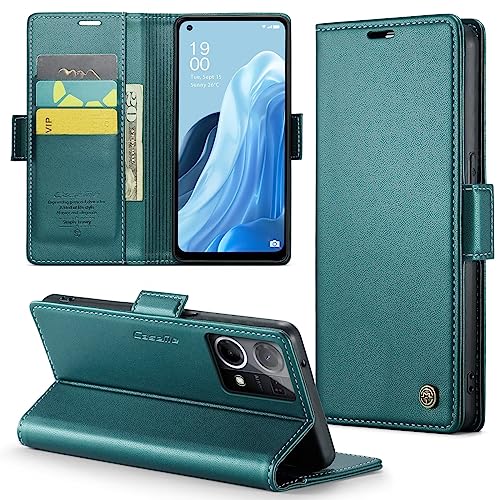 SLWYF Funda Compatible con OPPO Reno7 4G/F21 Pro 4G/Reno8 4G,Regalar 2 Piezas Protector de Pantalla.Flip Leather Edition,Funda de Cuero PU con Cáscara de TPU,[Soporte Plegable]- Azul y Verde