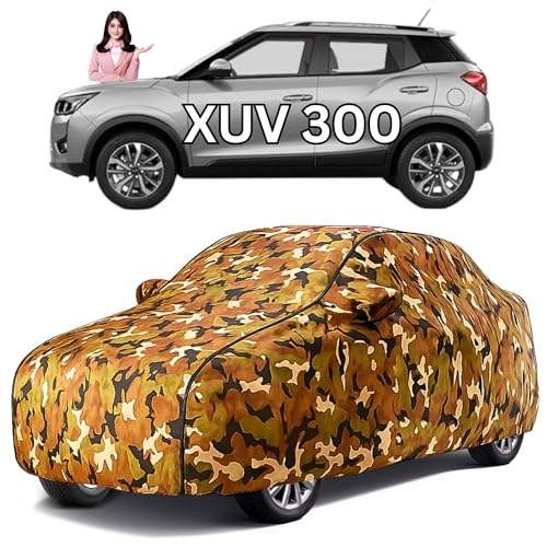 Image of Avecrew 100% Waterproof Car Cover for Mahindra XUV 300 All Model Mirror & Antenna Pocket Triple Stitched, Dustproof Full Body Protection (Heat & UV Resistant,Jungle)