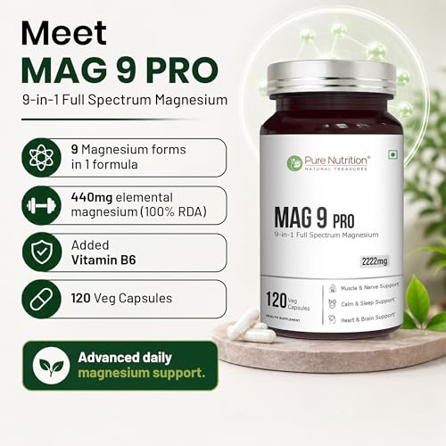 Image of Pure Nutrition Mag 9 Pro - 120 Veg Caps | Magnesium Supplement with 9 Forms of High Absorption Magnesium Glycinate, L Threonate, Citrate for Sleep, Muscle, Nerve, Heart & Brain Health