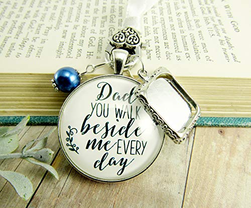 Bridal Bouquet Charm Dad You Walk Beside Me White Blue Wedding Pendant Father Memorial Photo Silver Finish Jewelry