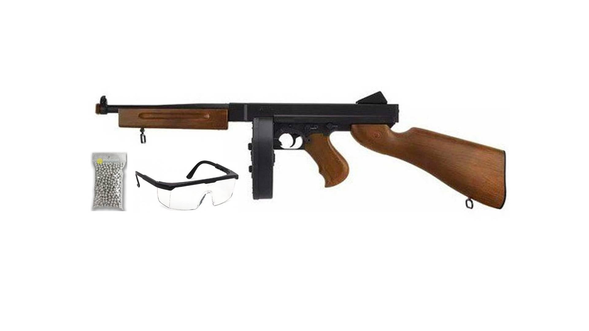 Confezione Fucile Airsoft Modello D98 Stile Chicago/Modello Elettrico/Colori: Nero e Legno/Materiali: plastica ad Alta Resistenza/Potenza 0,5 Joule/Fornito con Accessori