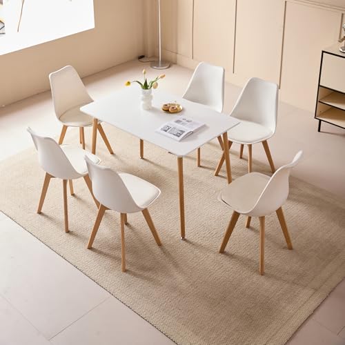 JZGORC Set da pranzo Tavolo da Pranzo con 6 Sedie, Tavolo da Pranzo Rettangolare in Legno 110 * 70 * 75 cm, 6 Sedie da Pranzo Scandinave, Gambe in Metallo, Bianco
