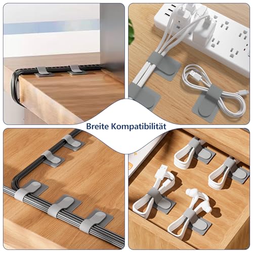 Abnii 50 Stück Kabelmanagement Schreibtisch, Kabelbinder Selbstklebend Klettband Kabel Organizer Schreibtisch Kabelhalter Kabelklemmen Kabelclips Kabelbefestigung für TV, Lichterkette, Grey, Small
