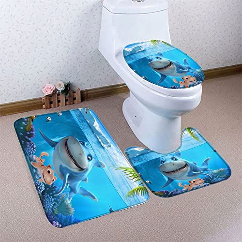 Badematte Delfin,Fisch,blau Badematten Set rutschfest Waschbar Badgarnitur 3teilig - WC Deckelbezug U-förmigen Contour… – Bild 7