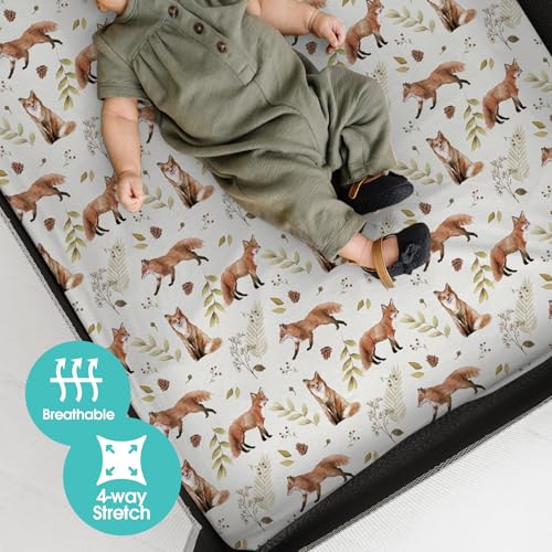 Image of Pack n Play Sheets, BROLEX 2 Pack Mini Crib Sheets,Stretchy Portable Fitted Playard Sheet Set, Convertible Playard Mattress Cover,Ultra Soft Breathable Material,Fox&Foliage