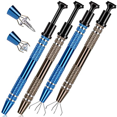 ANCIRS 4 Pack Stainless Steel 4-Claw Pick up Tool for Small Parts Pickup, 4 Prongs Grabber for Tiny Objects in Home, Office - IC Chip, Electronic Components, Nails Clamping-2 Bronze & 2 Blue