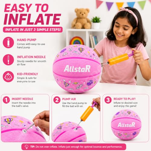 Image of PLUSPOINT Kids Basketball with Air Pump | Colorful Printed Rubber Basketball for Indoor & Outdoor Play | Training Sports Ball for Kids | Easy Grip Basketball for Boys and Girls