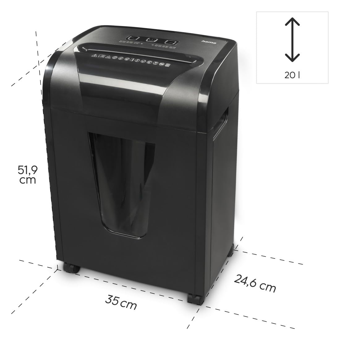 Hama |Trituradora de Papel con Nivel de Seguridad E-4, P-5, T-5, 20L, Negro | Premium M8, Dimensiones 35 x 24,6 x 51,9 cm, MAX. Nivel de Ruido: 62 db, MAX. Velocidad de Corte: 1,8 m/min