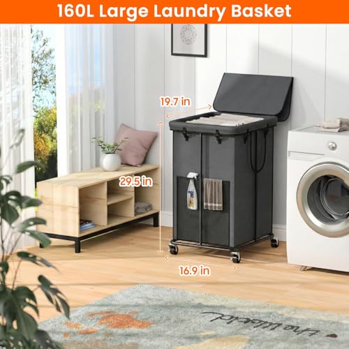 Image of 160L Laundry Hamper with Lid, Rolling Laundry Basket with Wheels, Large & Tall Dirty Clothes Hamper with Metal Frame and Removable Bag for Bedroom Aesthetic, Laundry Room, Bathroom, Dorm-Dark Gray