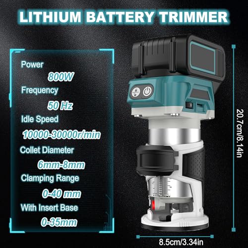 Akku Oberfräse kompatibel mit Makita 18V Akku,800W Bürstenloser Holztrimmer,Akku Oberfräse Trimmer für Makita,Akku Holztrimmer mit 16 Stück 1/4 Hartmetall Fräser Set (ohne Akku & ohne Ladegerät)