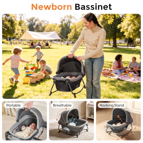 Image of Pamo Babe Pack and Play with Bassinet - 7 in 1 One-Step Setup Bedside Crib, Portable Playpen, Travel Crib, Baby Playard with Diaper Changing Station, Toy Bar & Large Storage Bag