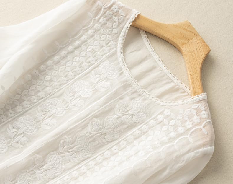 Women's Cotton Linen Button Short Sleeve Shirt Loose Summer Casual Crewneck Boho Top Embroidered Blouse Tops4