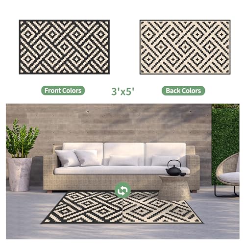 Image of GENIMO Outdoor Rug 3'x5' Waterproof for Porch, Plastic Door Mat Black Beige