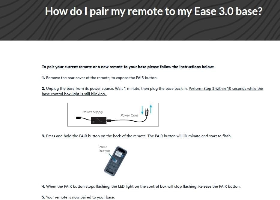 Diagram showing pairing steps for Ease 3.0 base, including power supply and remote with pair button.